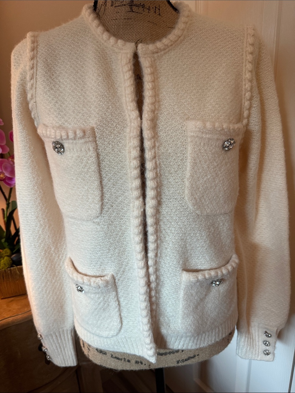 NWT J Crew Cream Wool Sweater with Crystal Detail Size Small